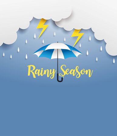 Rainy season. design with raining drops, umbrella and clouds on blue background. vector.のイラスト素材