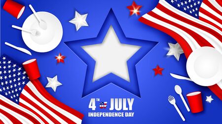 4th of July Happy Independence day USA. Design with spoon, dish, fork , Knife , Paper glass Tableware and american flag star on blue background .Vector.のイラスト素材