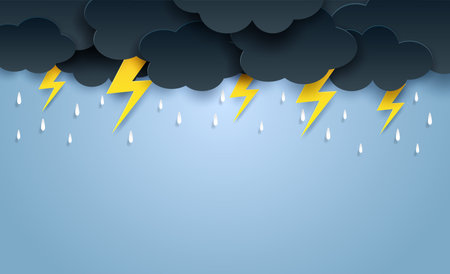 Monsoon, Rainy Season background . cloud rain and thunderbolt  hanging on blue sky. paper art...