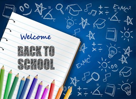 Back to school. design with colorful pencils and notebook on chalkboard background. Vector.のイラスト素材