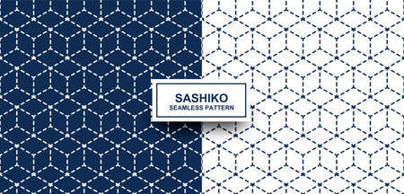 Abstract. Sashiko seamless pattern. line indigo and white background. design for pillow, print, fashion, clothing, fabric, gift wrap. Vector.のイラスト素材