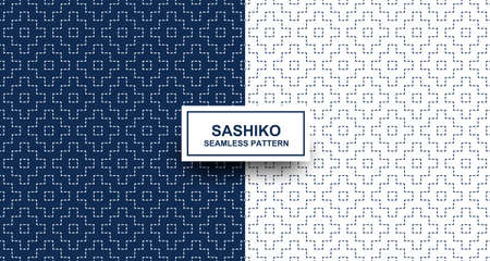 Abstract. Sashiko seamless pattern. line indigo and white background. design for pillow, print, fashion, clothing, fabric, gift wrap. Vector.のイラスト素材