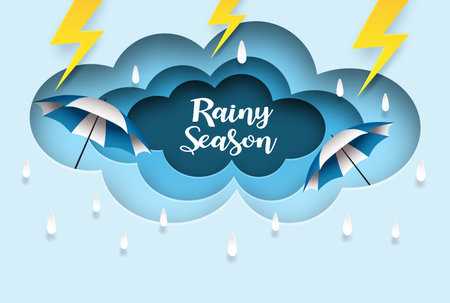 Monsoon, Rainy Season background. design with raining drops and umbrella blue sky background. paper art style. vector.のイラスト素材