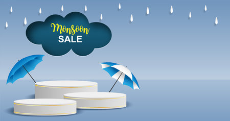 Rainy season theme product display podium. Design with clouds and raining drops on blue sky background. paper art style. vector.のイラスト素材