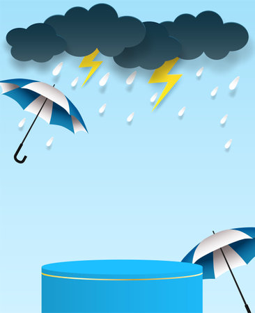 Rainy season theme product display podium. Design with clouds and raining drops on blue sky background. paper art style. vector.のイラスト素材