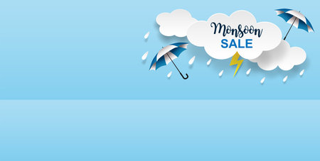 Rainy season theme product display podium. Design with clouds and raining drops on blue sky background. paper art style. vector.のイラスト素材