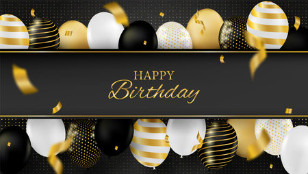 Happy Birthday celebration card. Design with black, white, gold balloons and gold foil confetti. luxury black background. vector.のイラスト素材