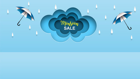 Rainy season theme product display podium. Design with clouds and raining drops on blue sky background. paper art style. vector.のイラスト素材