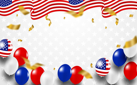 4th of July Happy Independence day USA. Design with balloons and american flag. vector.のイラスト素材