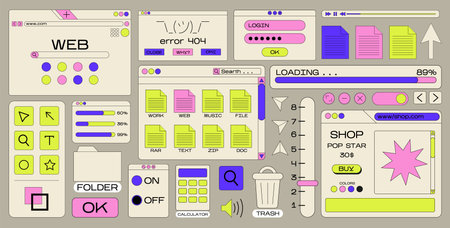 Retro cartoon set of web pages pc.old computer style. geometric frames in 90s memphis style. Set of...