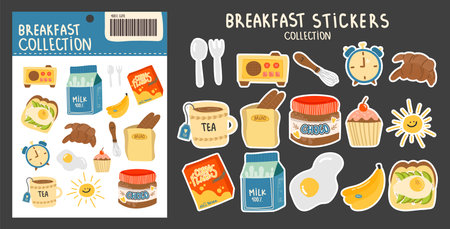 Collection of stickers on the theme of breakfast. various fruits, berries, cheese, milk, scrambled eggs, banana, alarm clock, corn flakes, radio, sandwich and other bright elementsのイラスト素材
