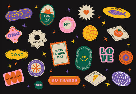 Collection of various patches, labels, tags, stickers, stamps for shopping. Black Friday, discounts, new collection. Vector set, trendy promo labelsのイラスト素材