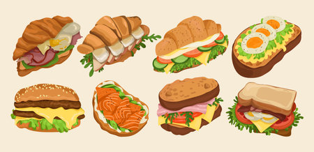 Set of sandwiches and croissants with vegetables, bacon, cheese, egg. Vector flat appetizing illustrationのイラスト素材