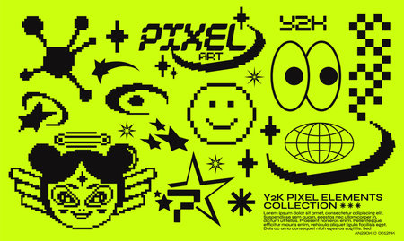 pixel art, y2k trendy elements. Acid set of abstract geometric design elements with retro girl, stars and futuristic items. for posters, prints, stickersのイラスト素材