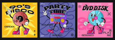 90s retro disco cartoon characters. fashion poster. funny colorful characters in doodle style, disco...