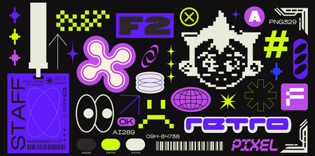 Collection of various patches, labels, tags, stickers, bracelet stamps in retro style. Stickers in funky hipster futuristic style in 90s style. Vector set, trendy promo labelsのイラスト素材