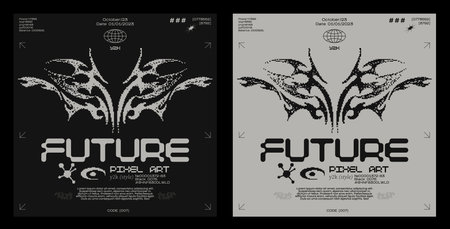 Y2K posters in retro futuristic pixel style. Tribal style elements for 90s design. Printable vector banner collectionのイラスト素材