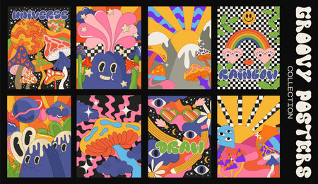 90s groovy posters. Cartoon psychedelic style. Bright hippie characters and retro elements. Trip landscapes with mountains, sun rays, planet, trip wave. Vector collectiのイラスト素材