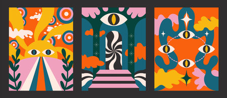 90s groovy posters. Cartoon psychedelic style. Bright hippie characters and retro elements. Trip landscapes with mountains, sun rays, planet, trip wave. vector collectionのイラスト素材