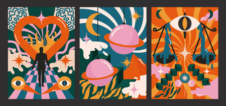 90s groovy posters. Cartoon psychedelic style. Bright hippie characters and retro elements. Trip landscapes with mountains, sun rays, planet, trip wave. vector collectionのイラスト素材