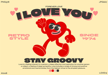 Cartoon characters retro heart 90s. trendy poster. funny colorful doodles in hippie style. Vector groovy illustration with valentine's day typographyのイラスト素材