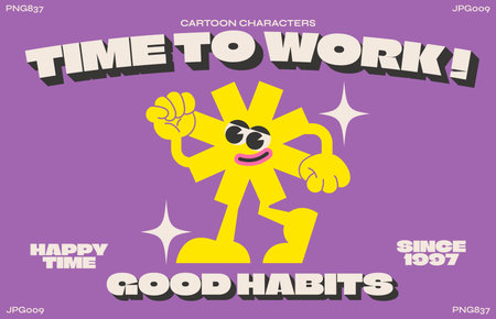 Cartoon characters retro star of the 90s. fashion poster. funny colorful doodles in hippie style. Vector clockwork illustration with valentine's day typographyのイラスト素材