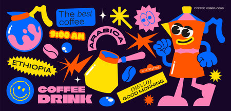 Retro coffee stickers hippie 90s groovy, elements of psychedelic acid. Retro characters. teapot, kettle, coffee maker, breakfast hippie style vector set of elementsのイラスト素材
