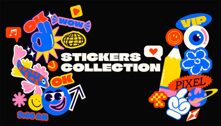 Collection of various patches, labels, tags, stickers, stamps. thanks, hi, yes. Funky hipster 90s style stickers. Vector set, trendy promo labels