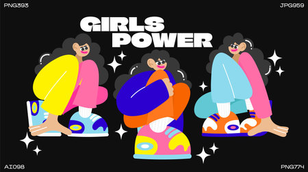 Retro cartoon characters emo girls. 90's hippie stickers in groovy style. Set of comic elements in trendy vintage funky style.Vector illustrationのイラスト素材