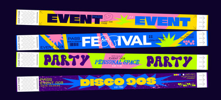 Control ticket bracelets for events, disco, festival, fan zone, party, staff. Vector mockup of a festival bracelet in a futuristic y2k styleのイラスト素材