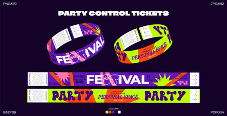 Control ticket bracelets for events, disco, festival, fan zone, party, staff. Vector mockup of a festival bracelet in a futuristic y2k styleのイラスト素材