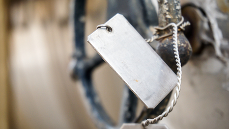 This is a label plate made from metal, close-up.の写真素材