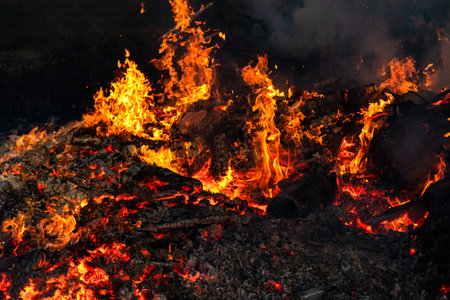 Big bond fire with a lot of smoke and open flames