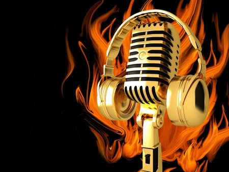 Microphone with headphones on fire backgroundの写真素材