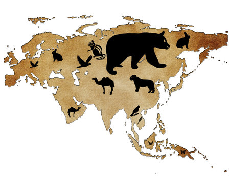 Map of Eurasia with pictures of animalsの写真素材