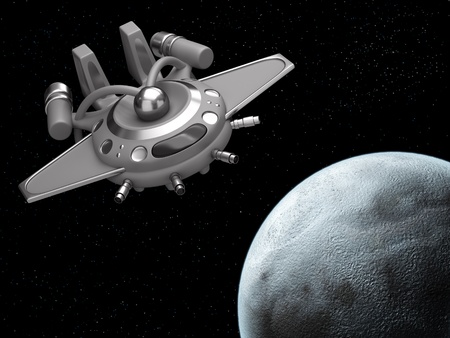 Model of spaceship against the background of the planetの写真素材