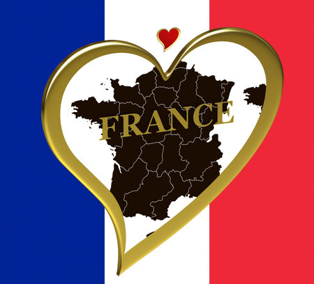 France map in a heart on the background of the flagの写真素材