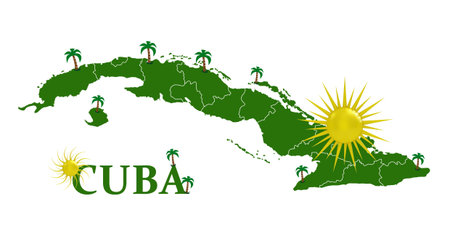 Map of Cuba with the sun and palm treesの写真素材