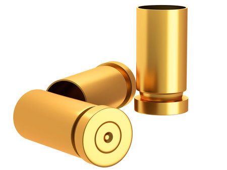 A pile of bullets and bullet shells on a white background