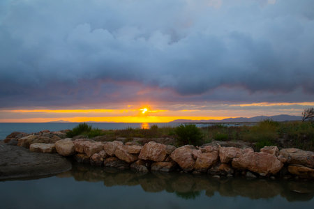 suggestive sunset over the sea in the park of Maremma Tuscany Italy