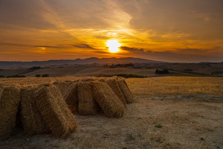beautiful sunset in a field with haystacks in summer in Tuscany, Italy