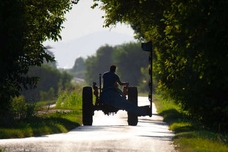 Agricultural work, man rides a tractor plow on the road in summerの写真素材