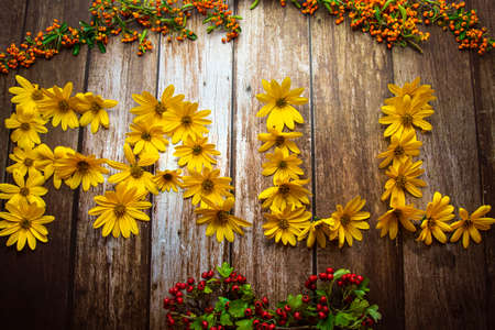 Autumn concept, word "autumn" laid out with yellow flowers on wooden background decorated with berriesの写真素材