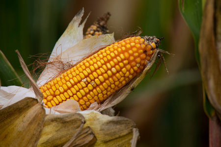 ear of corn in a cornfield in autumn
