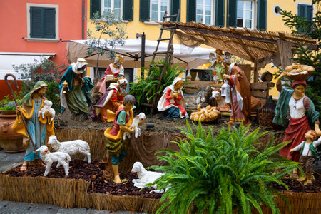 Life-size nativity scene for the Christmas holidays in the square of the city of Italyの写真素材
