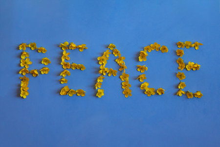 inscription "Peace" is made of yellow flowers on a blue background as a symbol of the Ukrainian flagの写真素材