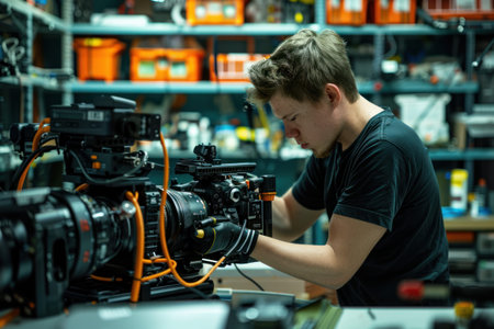 A candid shot of a technician cleaning a camera, surrounded by tools and equipment, emphasizing attention to detail in maintenance. --ar 3:2 --v 6 Job ID: 1f5c1abf-f390-43c5-baf0-375a2f88d5fdの素材