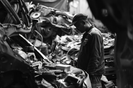 A candid shot of a worker inspecting car parts in the scrapyard, emphasizing the logistics and detail-oriented nature of the wholesaling process. --ar 3:2 --v 6 Job ID: b61aba55-763f-4c08-b25c-78f25a1f66c9の素材