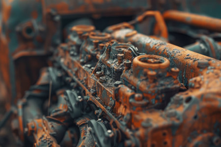 A close-up shot of a rusted car engine, showcasing its intricate details against a blurred background of other salvaged parts. --ar 3:2 --v 6 Job ID: 8ead3859-ee8e-49ce-8c47-8c1847938475の素材