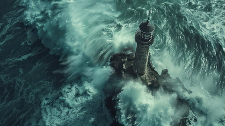 A coastal lighthouse standing tall against crashing waves, embodying guidance and resilience in a stormy sea. --ar 16:9 --v 6 Job ID: a764aead-f483-40ba-b2be-fdffbb9227baの素材